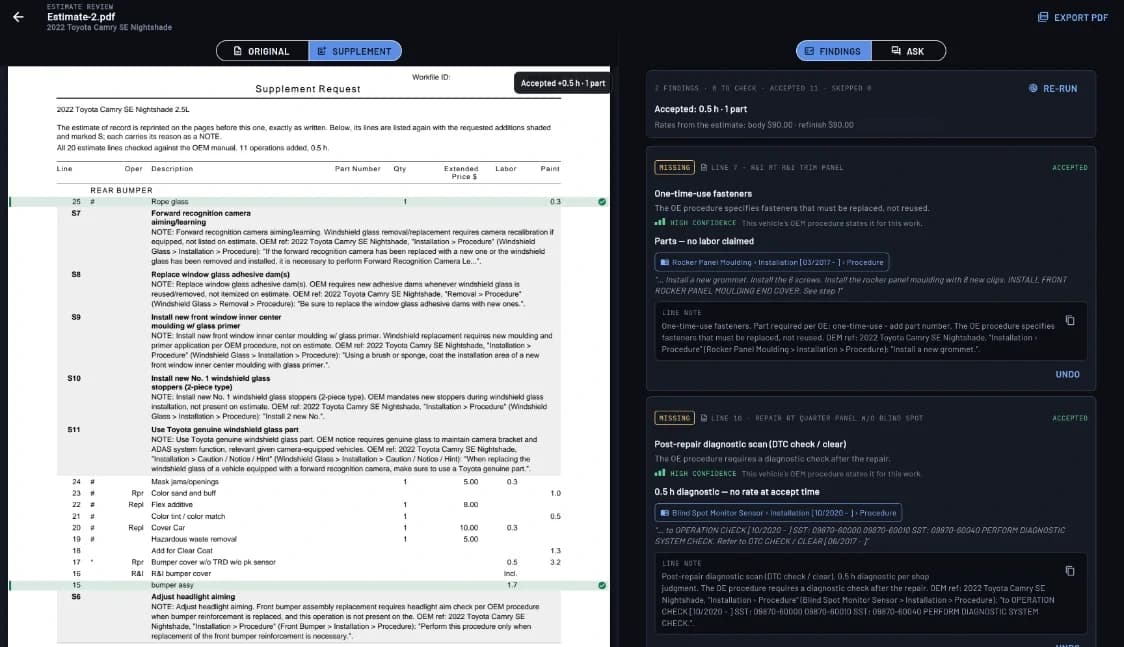 TorqBox Office reviewing a CCC ONE estimate: the supplement request beside the flagged operations
